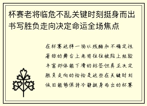 杯赛老将临危不乱关键时刻挺身而出书写胜负走向决定命运全场焦点
