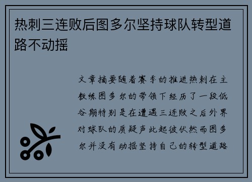 热刺三连败后图多尔坚持球队转型道路不动摇